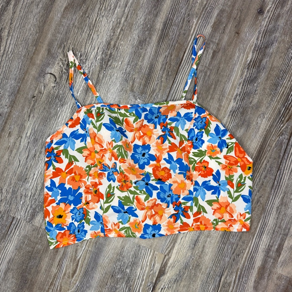 SHEIN Womens Floral Tropical Vacation Spaghetti Tank Crop Back Tie Size M Medium